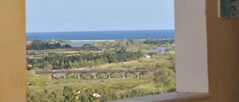 A balcony with a view of a coastal landscape, including a bridge and greenery.