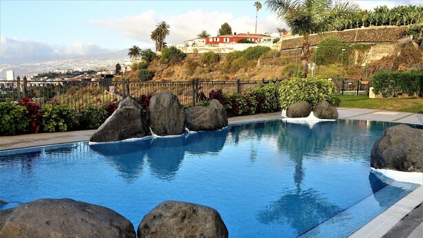 Piscina con rocas grandes, rodeada por una valla y follaje, con vista a una ladera y edificios distantes.