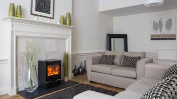Smart TV, fireplace, video games, DVD player