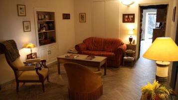 TV, fireplace, books