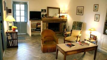 TV, fireplace, books