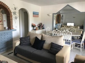 TV, fireplace, DVD player, books