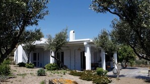 Un edificio blanco con columnas y un porche cubierto, rodeado de olivos y un paisaje seco.