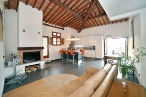 Smart TV, chimenea, reproductor de DVD y libros 