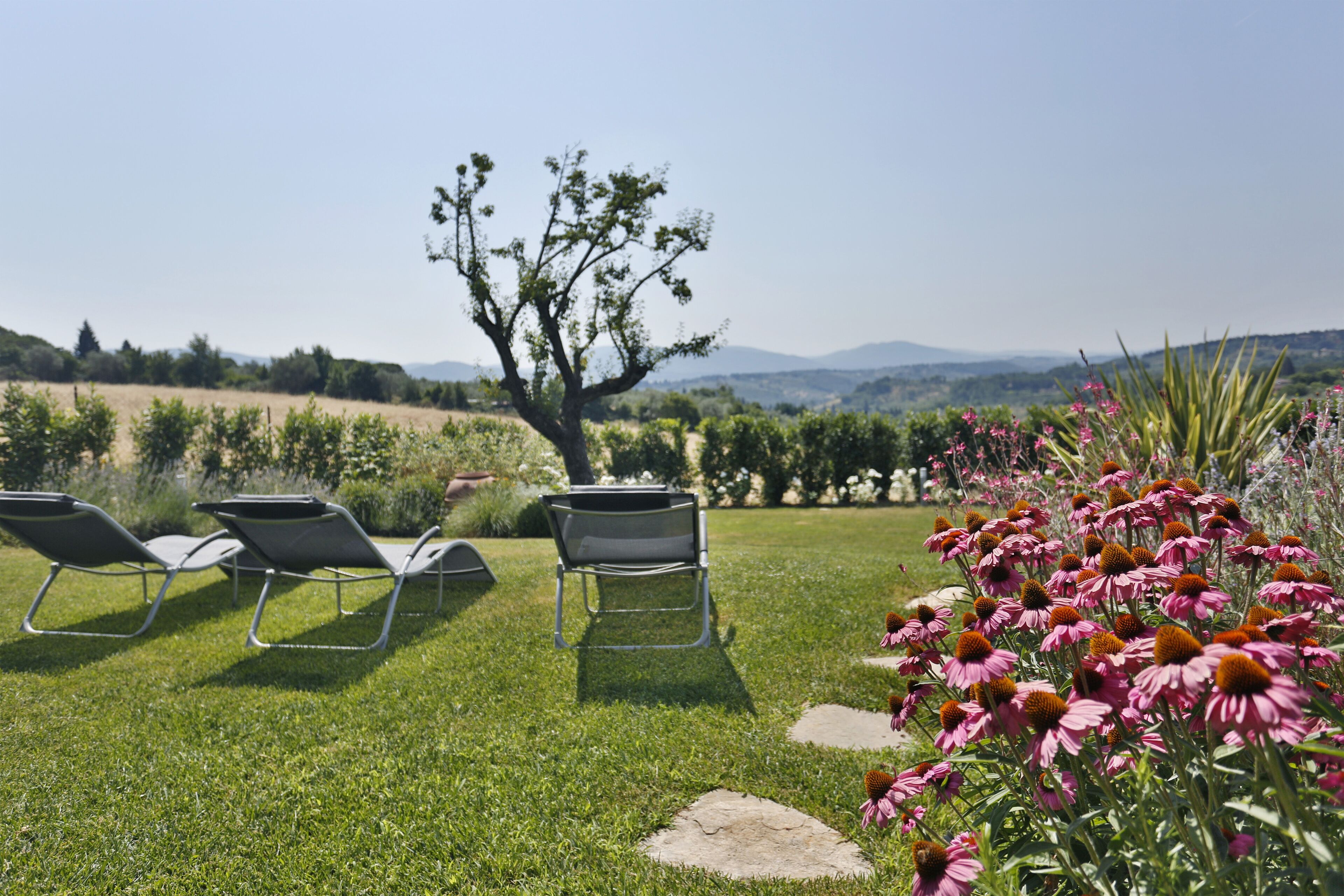 Un jardín con tres sillones de descanso, un árbol y flores rosadas.