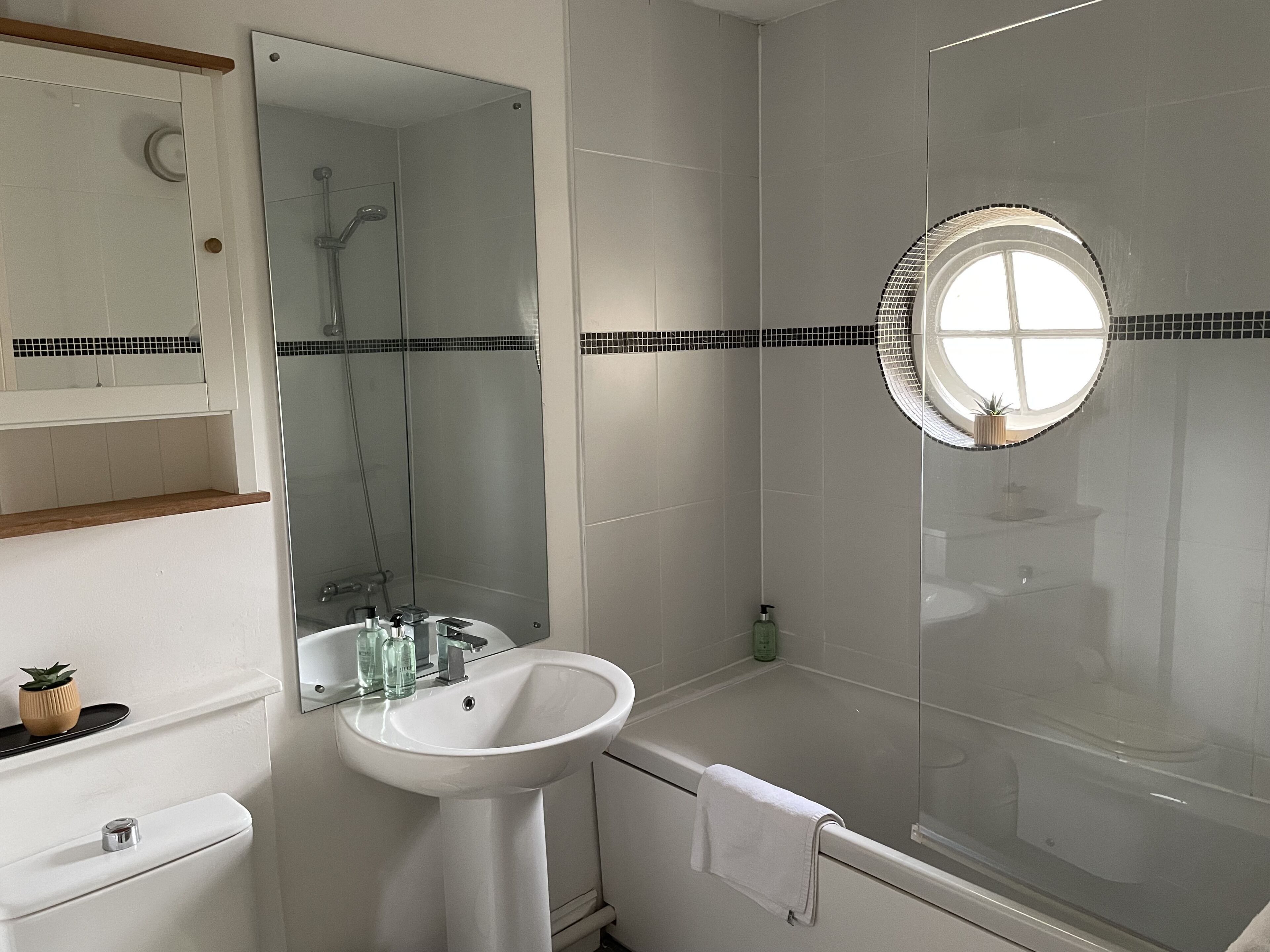 Combined shower/tub, hair dryer, towels, soap