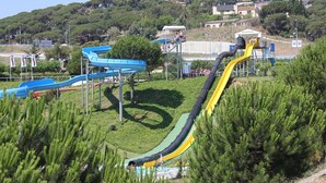 Un parc aquatique doté de nombreux toboggans et offrant une vue sur un paysage montagneux.