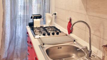 Fridge, oven, stovetop, coffee/tea maker