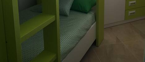 Una cama litera con ropa de cama verde y blanca, un armario blanco y una ventana con persianas.