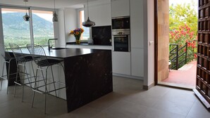A modern kitchen with a large island, bar stools, and a view of the mountains.