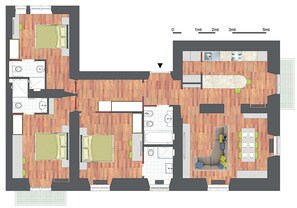 Un plan d’étage d’un hôtel comprenant plusieurs chambres, une cuisine, un coin repas et un salon.