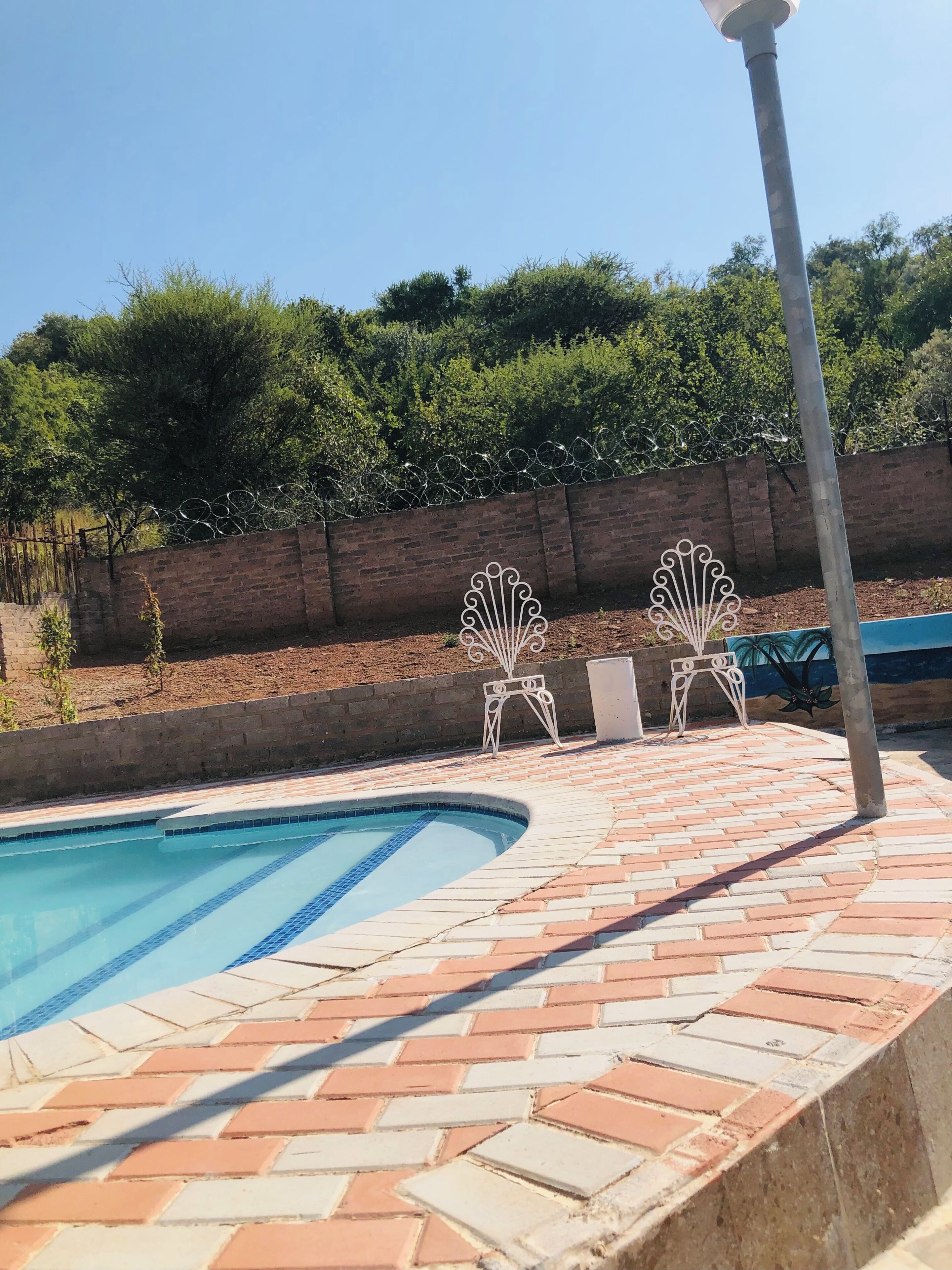 Piscina con borde de ladrillo, rodeada de vegetación y un muro de ladrillo con alambre de púas.