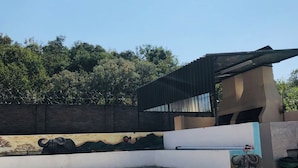 A set of outdoor steps leading to a covered area with a mural of a buffalo on the wall. - Kamogelo Guest House (Moses Kotane)