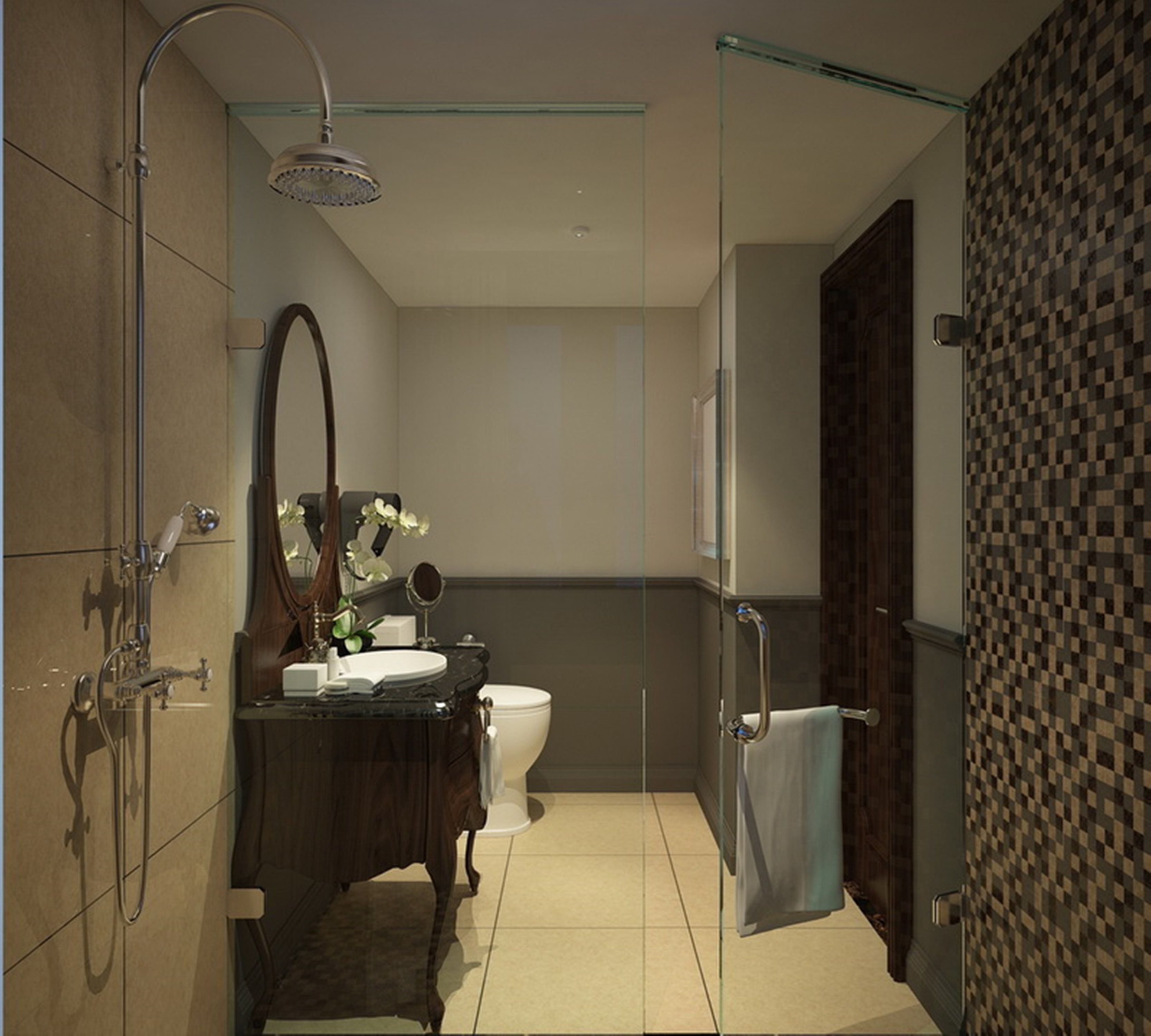 Un baño moderno con cabina de ducha de vidrio, un lavabo con espejo y un inodoro.
