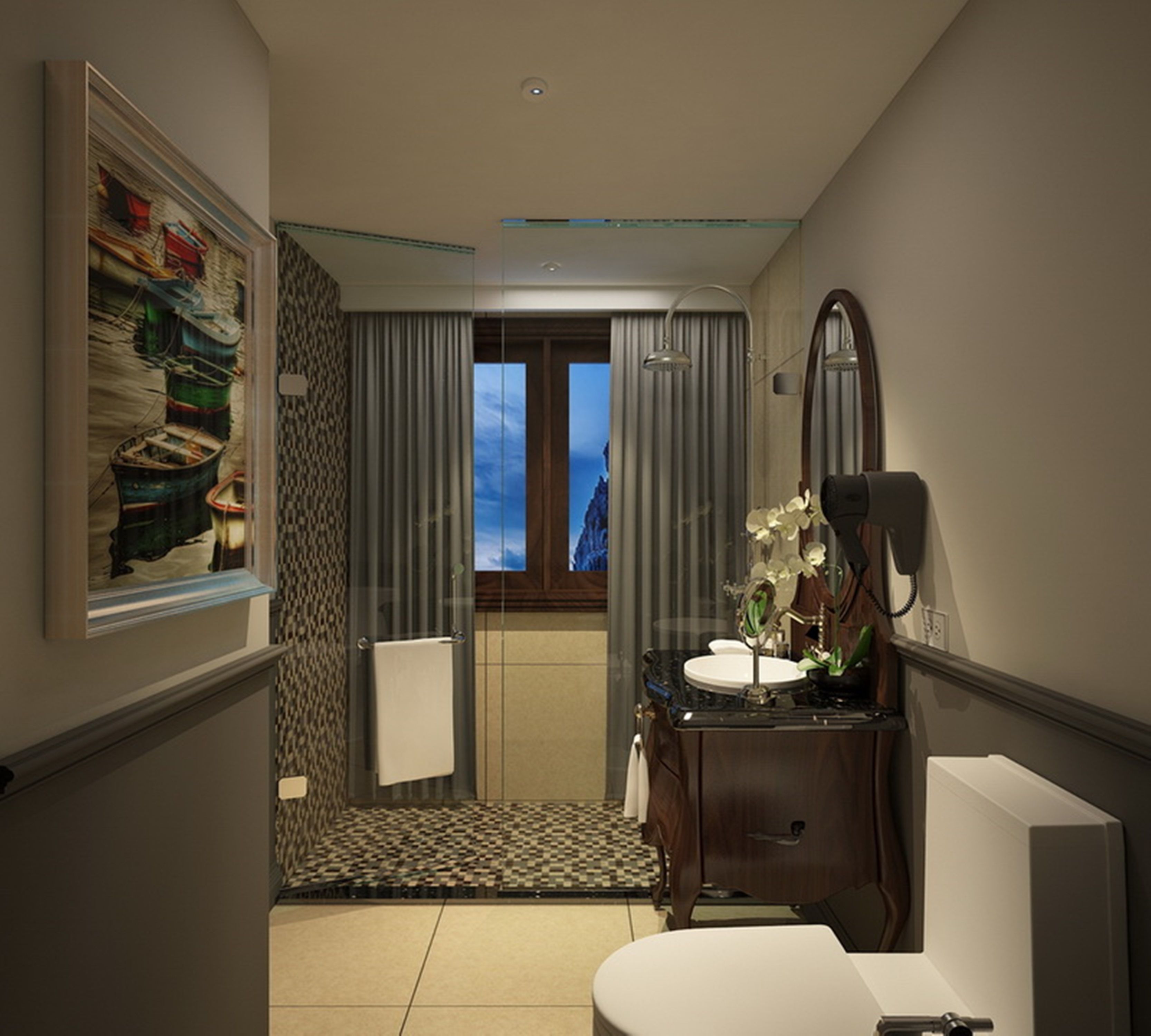 Un baño moderno con un espejo grande, un lavabo y una zona de ducha.