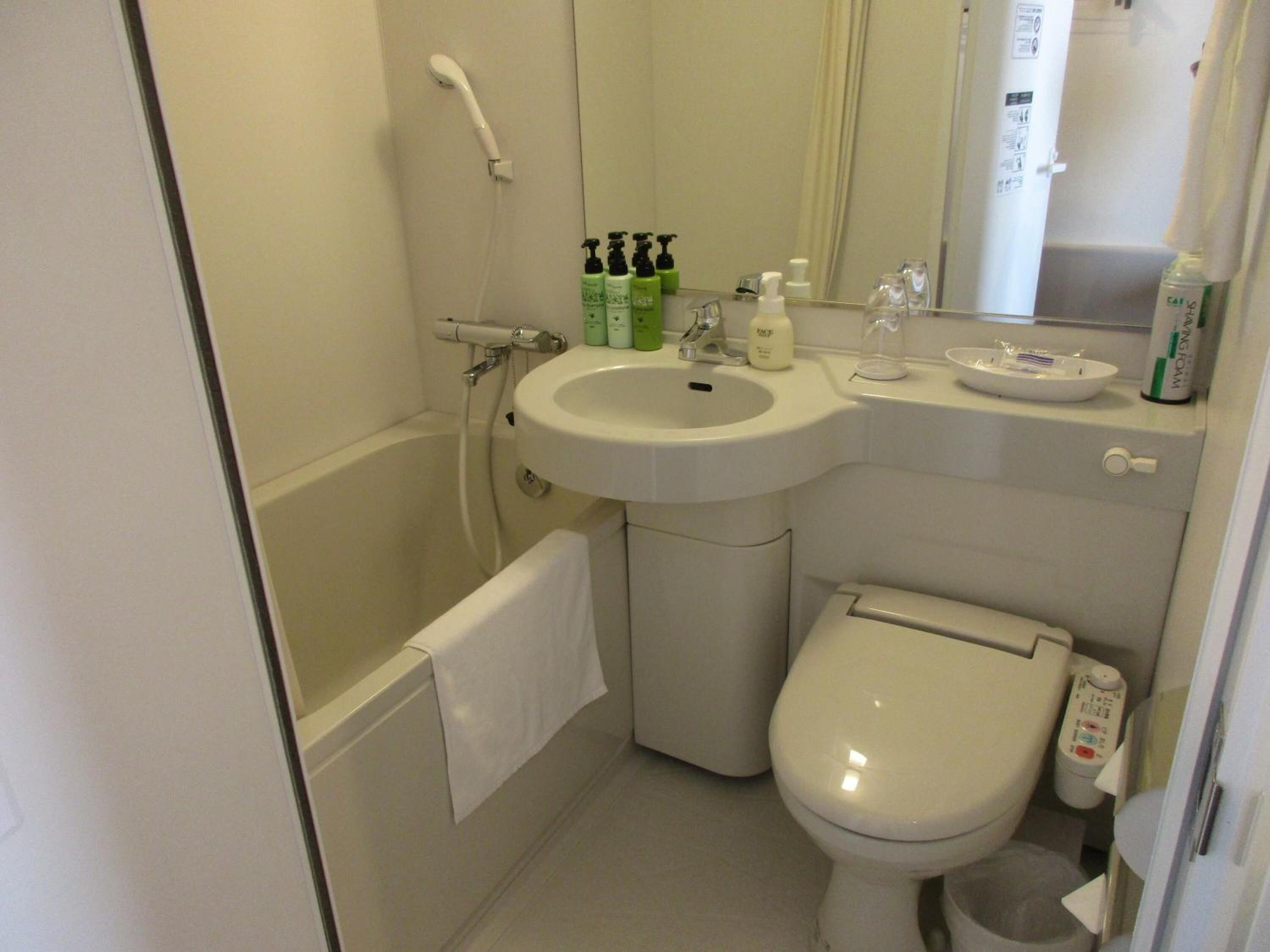 combined shower/bathtub, free toiletries, hair dryer, slippers