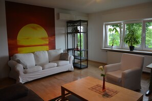 Een 55-inch flatscreentelevisie met satellietzenders en een televisie