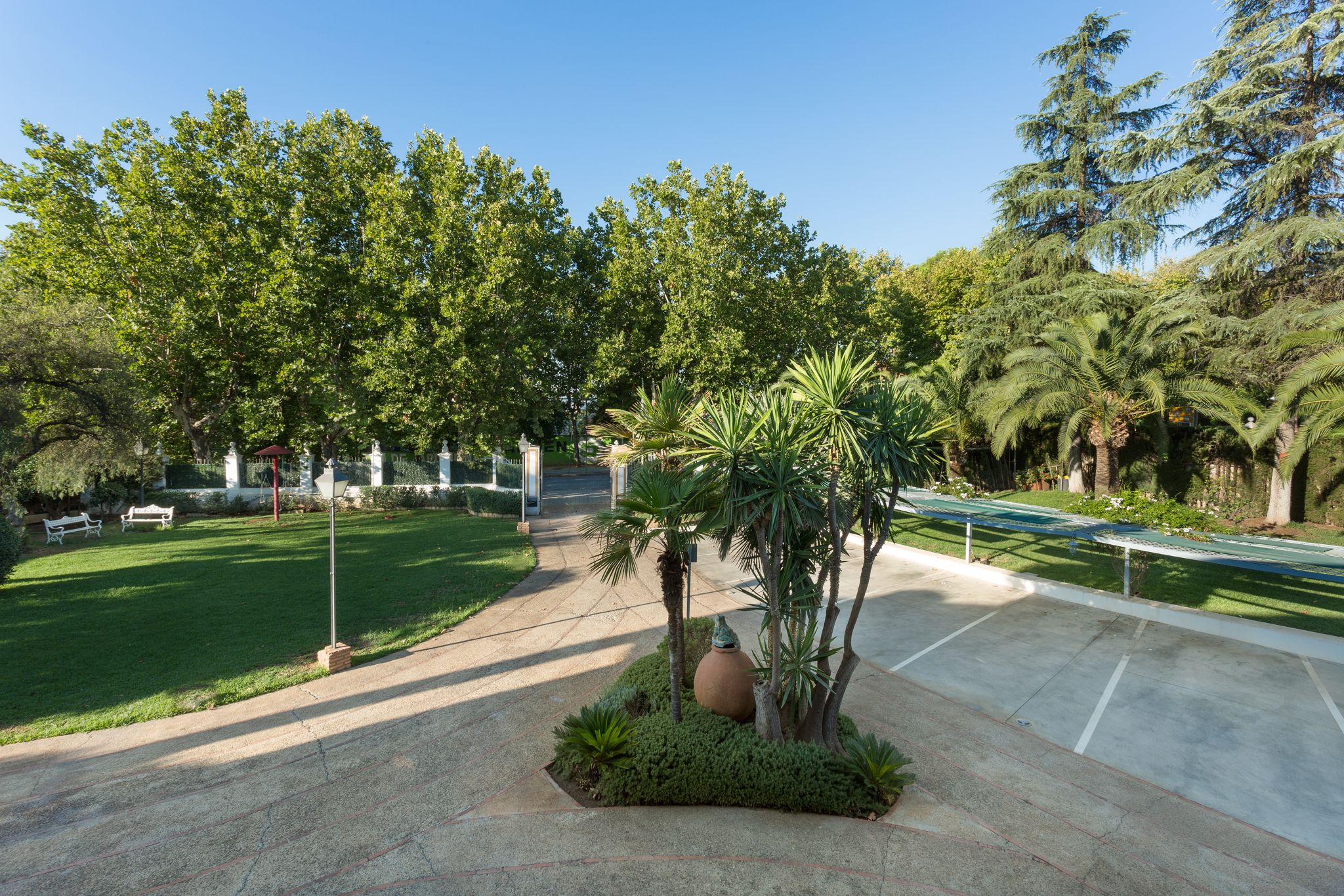 A well-maintained garden with a variety of trees and shrubs, a paved walkway, and a seating area with benches.