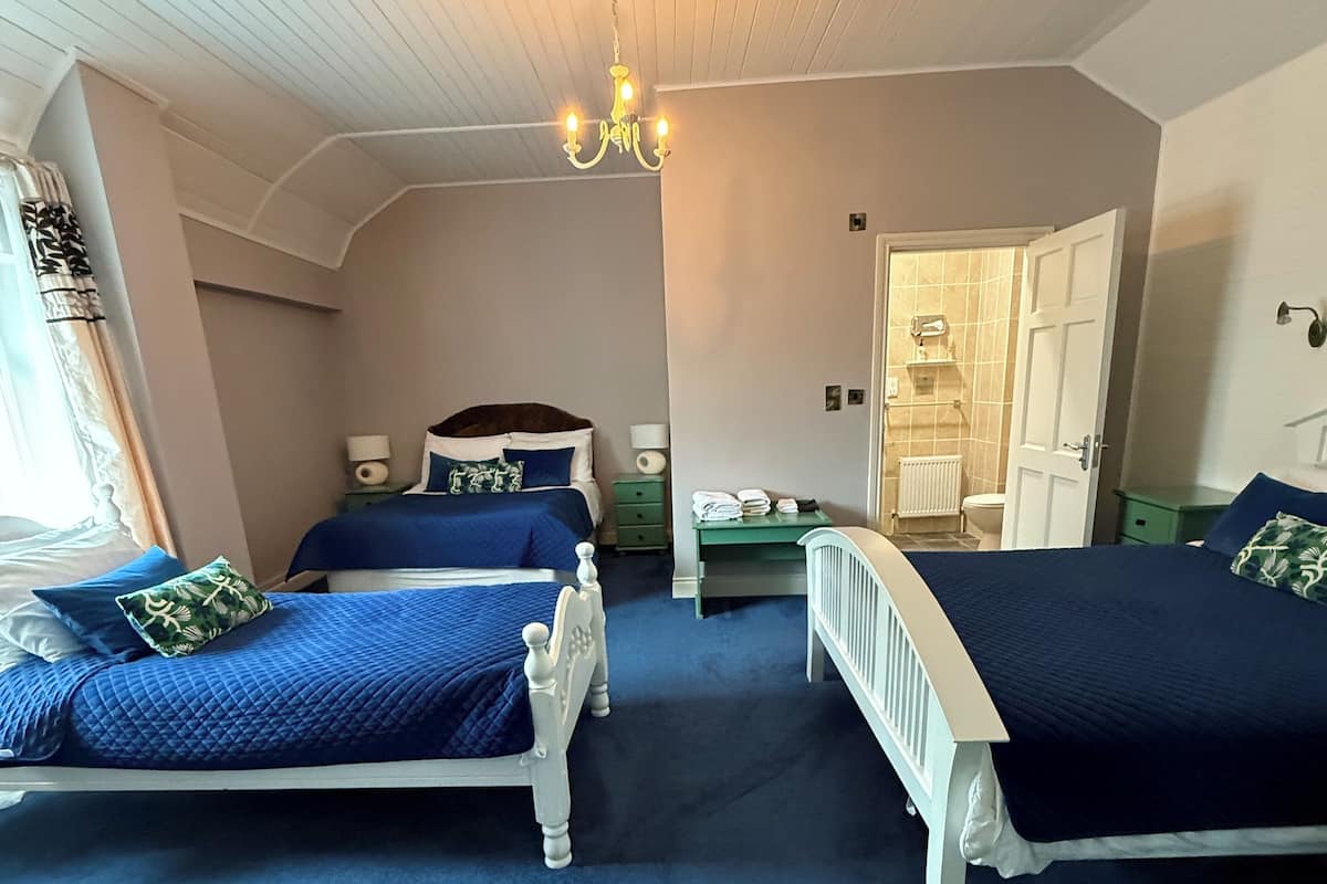 Une chambre avec deux lits, un lustre, un radiateur et une porte donnant sur une salle de bain.