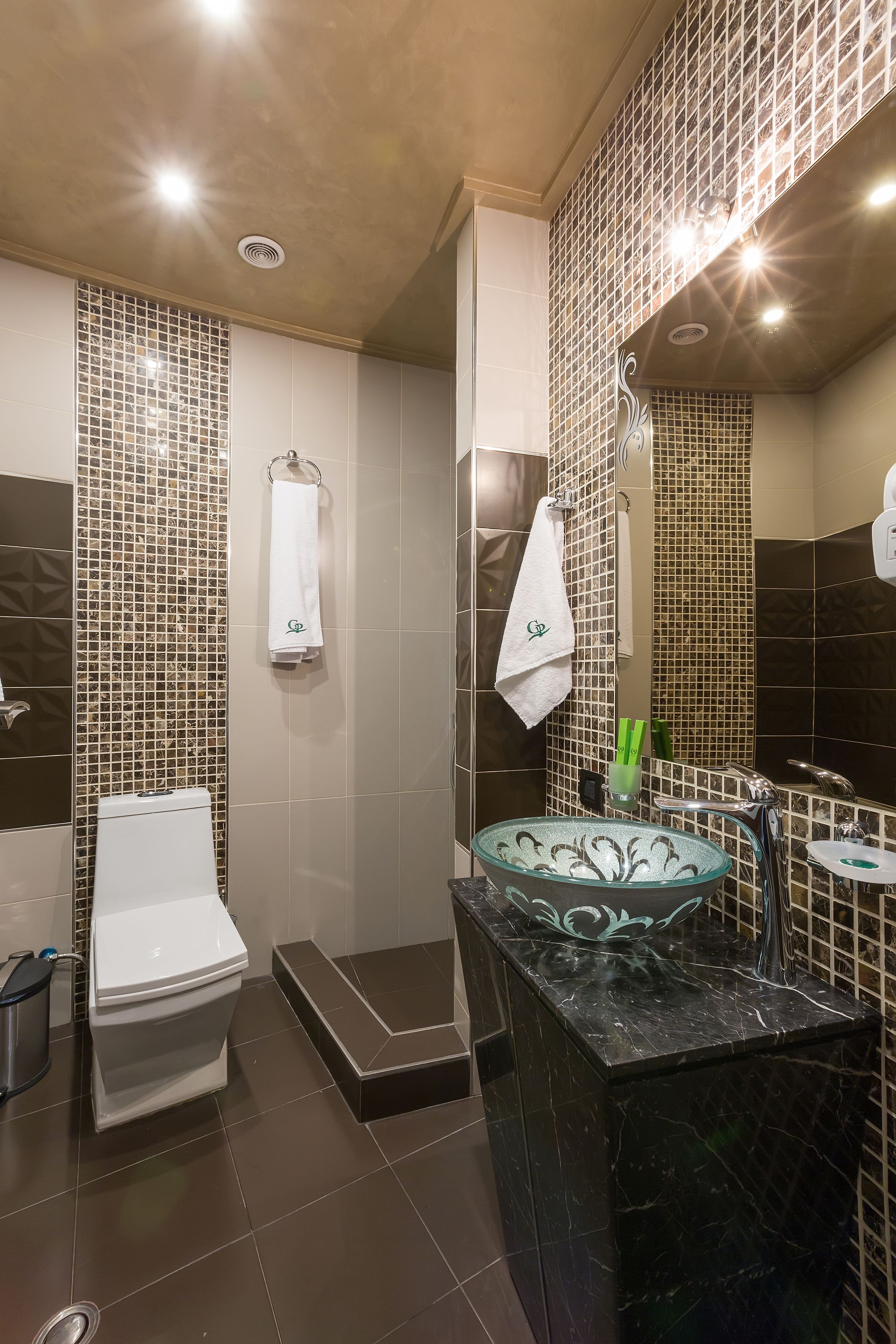 A modern bathroom with a glass sink, a toilet, and a shower area.