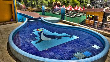 2 indoor pools, a waterfall pool, open 9:00 AM to 9:30 PM, pool loungers