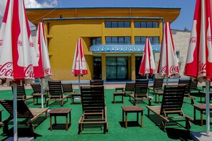 2 indoor pools, a waterfall pool, open 9:00 AM to 9:30 PM, pool loungers