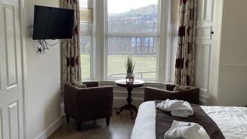 A hotel room with a large bed, a flat-screen TV mounted on the wall, a small table with a plant, two armchairs, and a view of the outdoors through the windows.