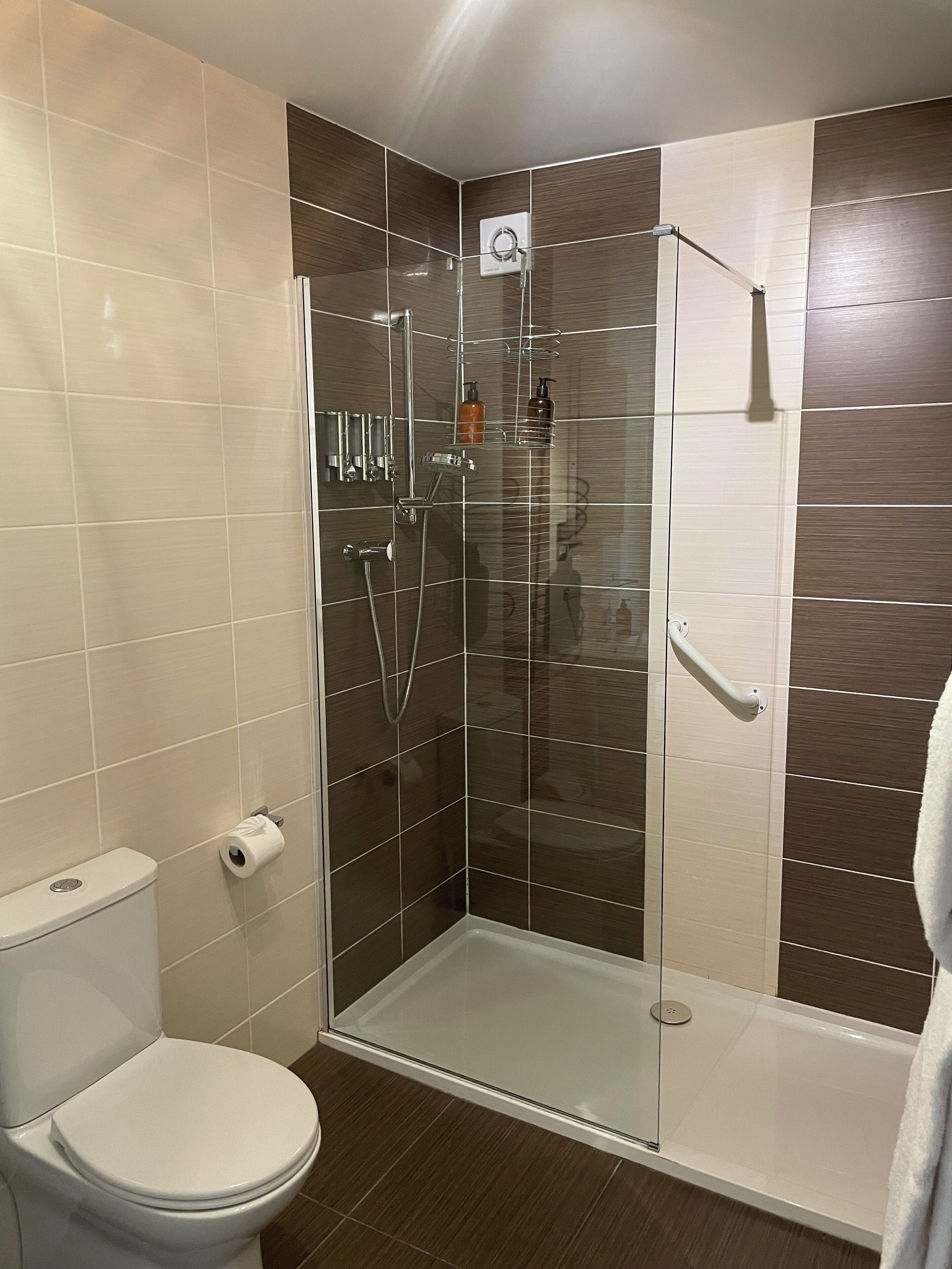 Un baño moderno con ducha de vidrio, inodoro y perchero para toallas.