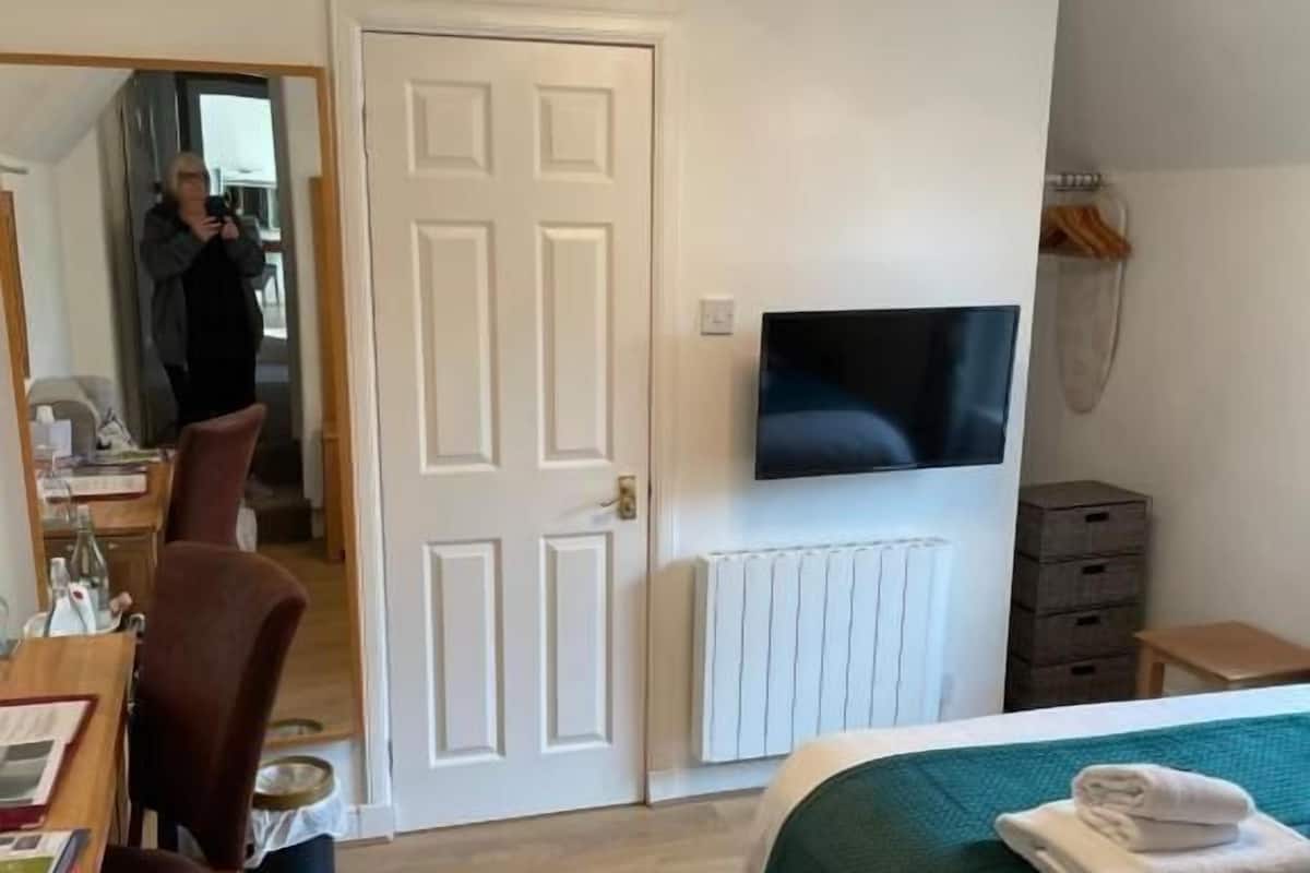 Una habitación de hotel con cama, escritorio, silla, televisor y radiador.