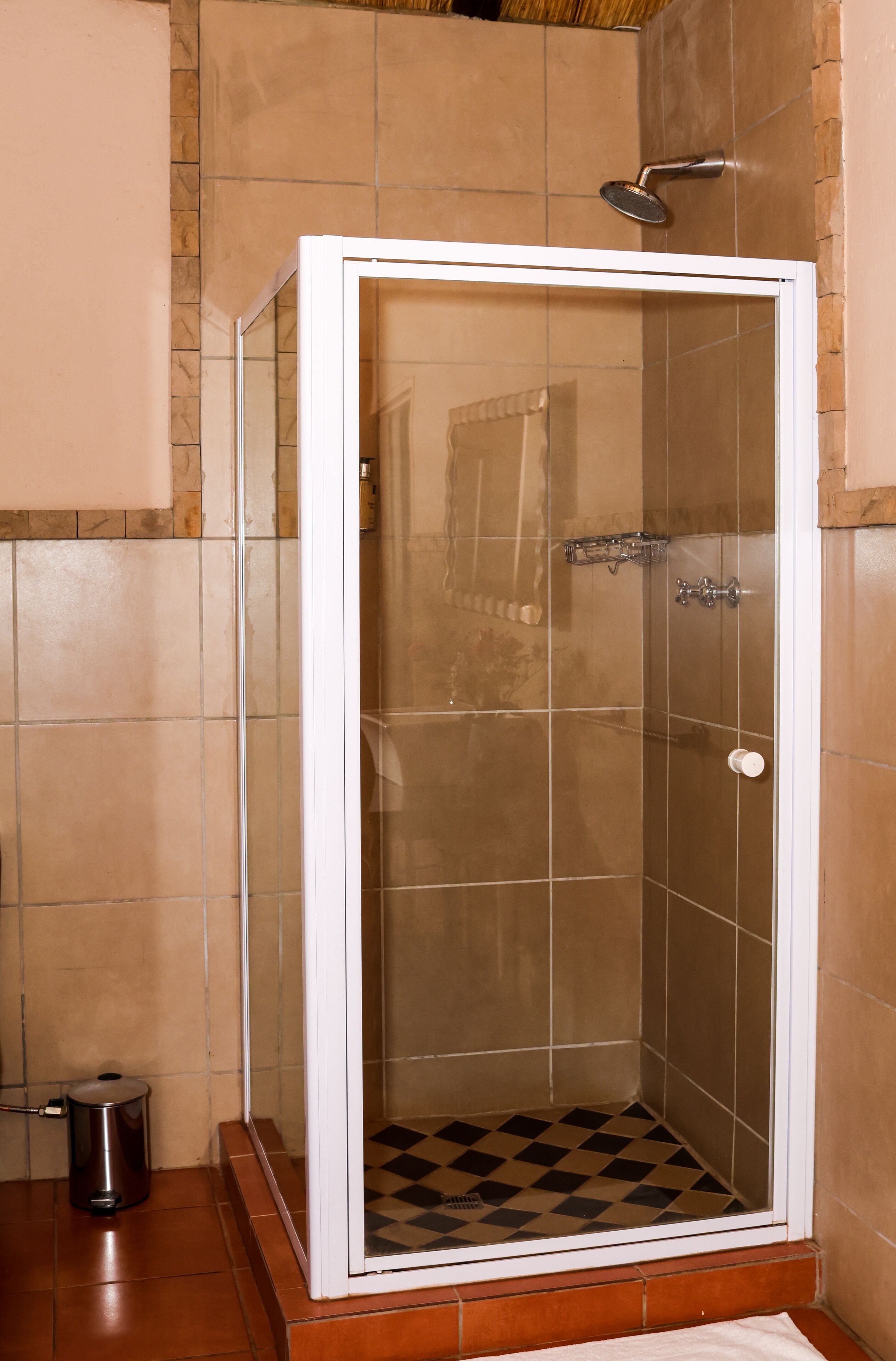 A small, enclosed shower area with a checkered floor, a handheld showerhead, and a metal trash can.