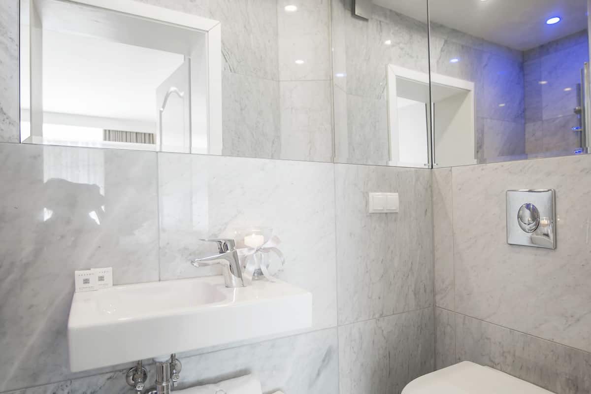 deluxe double room | bathroom | shower, free toiletries, hair dryer, towels