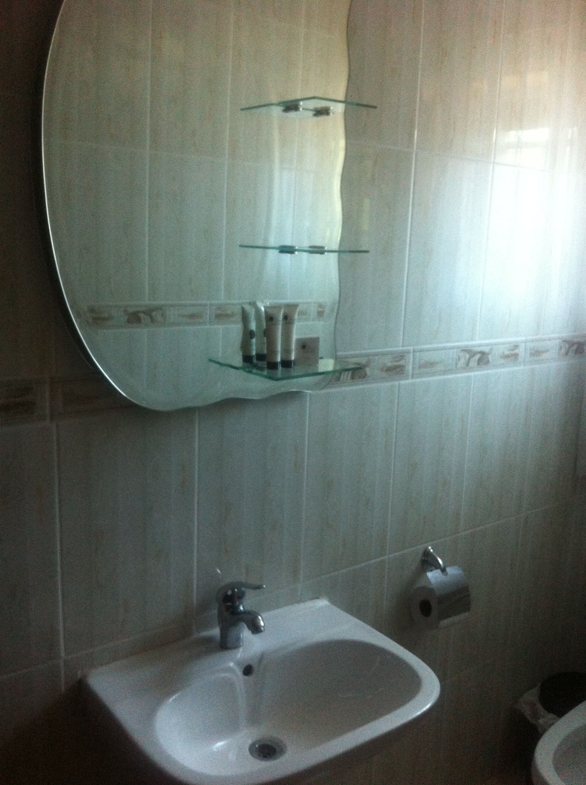A bathroom with a white sink, a mirror above it, and a glass shelf with toiletries.