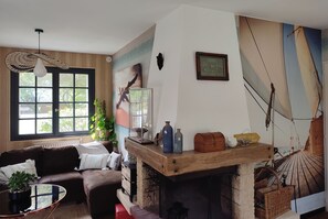 Télévision, cheminée, lecteur de DVD, livres