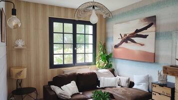 Televisie, een open haard, een dvd-speler en boeken