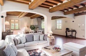 Smart TV, caminetto, lettore DVD, libri
