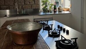 Cozinha com parede de tijolos, plantas penduradas, uma panela de cobre grande, uma janela com vista e uma pia de aço inoxidável.