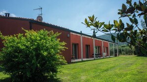 A red building with a covered patio area, a large bush in the foreground, and a clear sky. - BRIGHT AND REFINED VILLA WITH POOL IMMERSED IN THE GREEN OF THE HILLS OF LUCCA (LUCCA)
