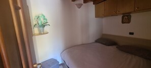 A bedroom with a bed, a small bedside table, a wall-mounted shelf with a plant, and a wooden headboard. - CHALET WITH POOL FOR 2 PEOPLE IN VALLEY ALBANO (Garzeno)