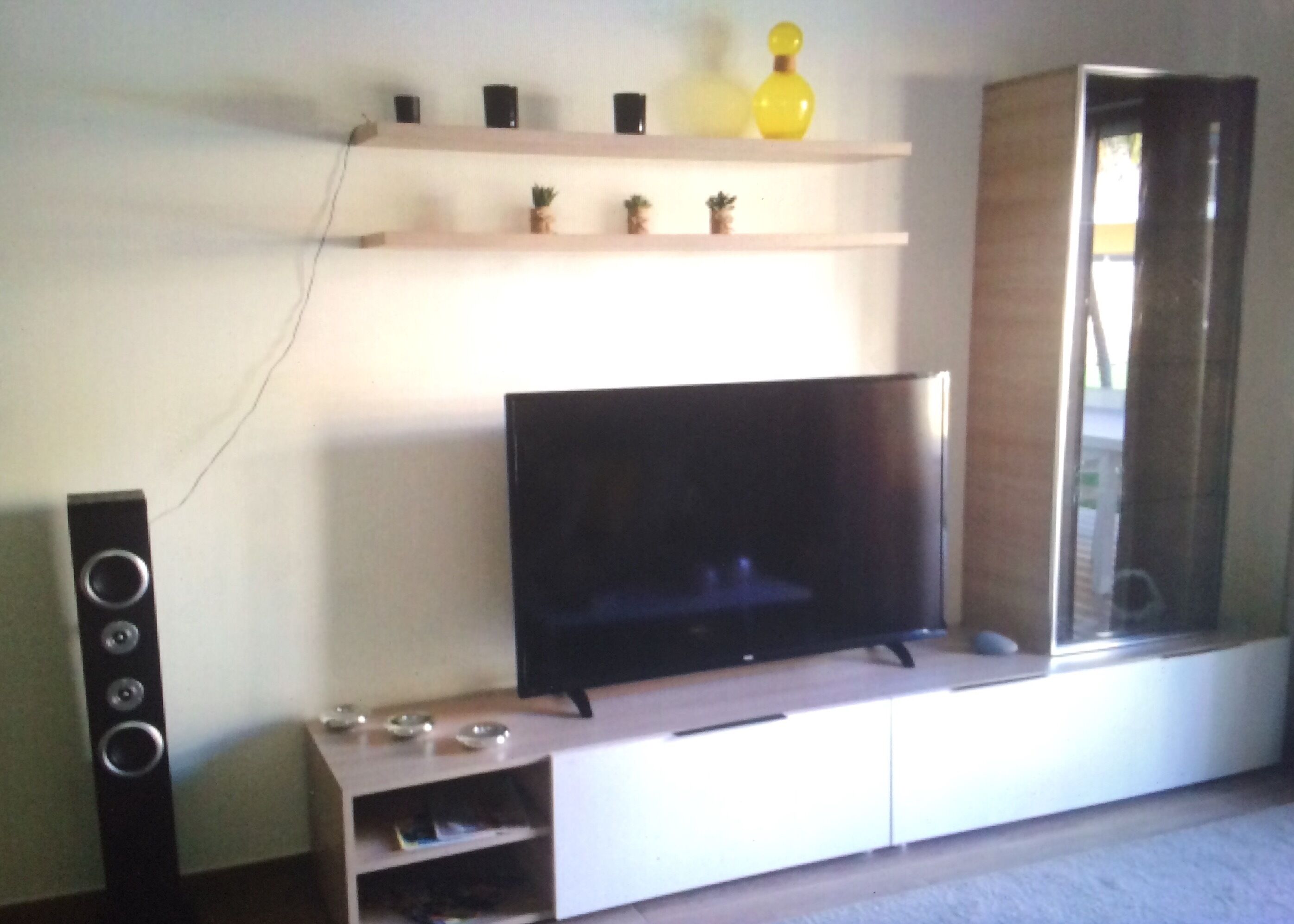Un salon avec un téléviseur à écran plat posé sur un meuble t élé en bois, un haut-parleur et une étagère ornée d’objets décoratifs.