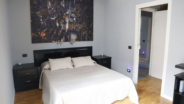 A bedroom with a large bed, two nightstands, a wall-mounted artwork, and a door leading to another room.