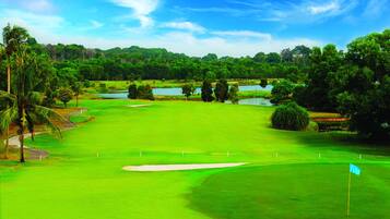 A golf course with a flag, sand bunkers, and a pond.