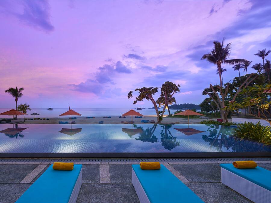 Outdoor pool, pool umbrellas, pool loungers