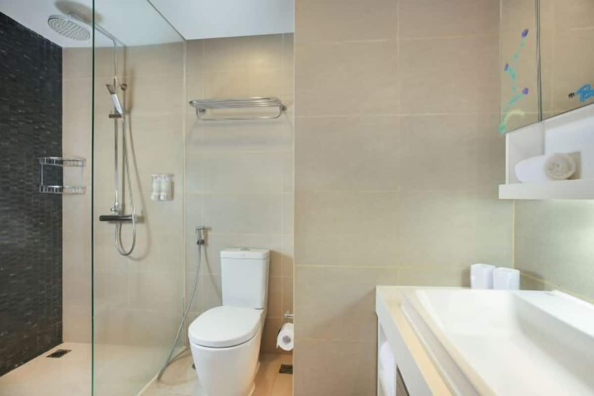 Combined shower/bathtub, free toiletries, hair dryer, slippers