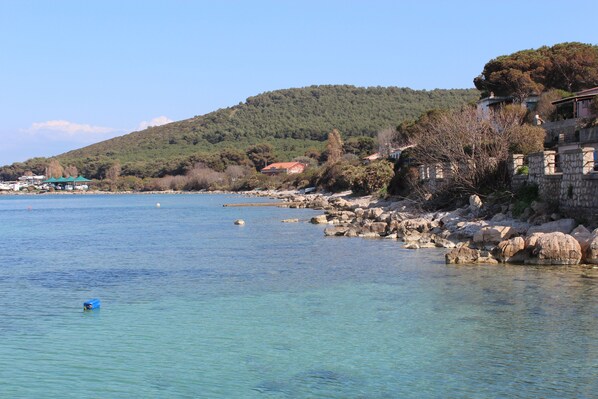 A coastal area with clear blue water, rocky shoreline, and a hill with trees.
