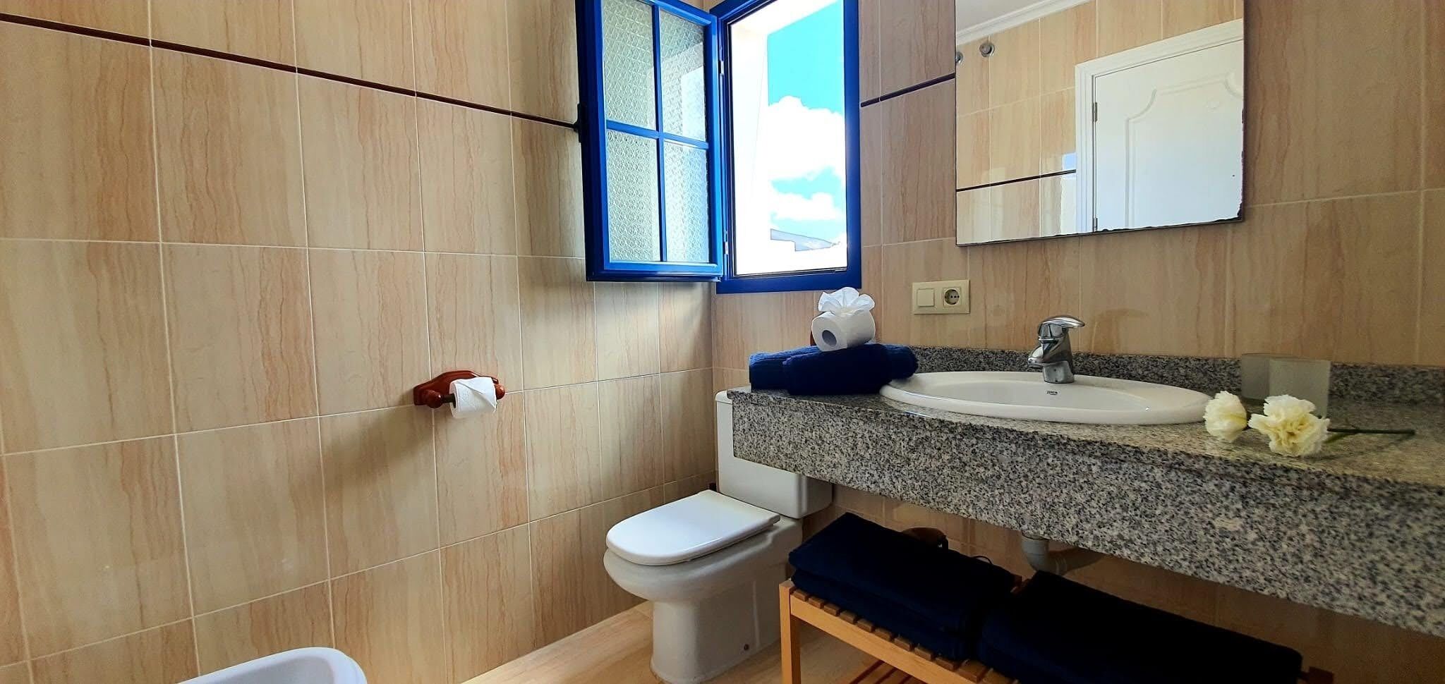 A bathroom with a toilet, sink, and window.