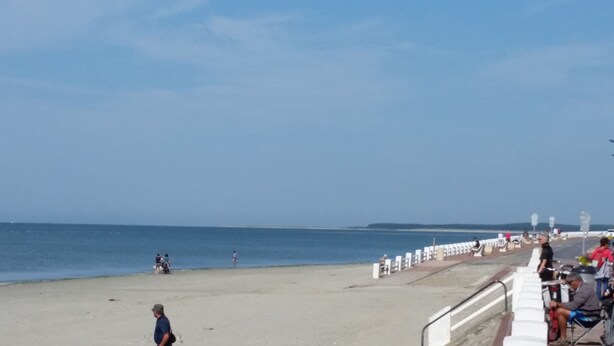Una playa con un paseo marítimo, gente caminando y cielo despejado.