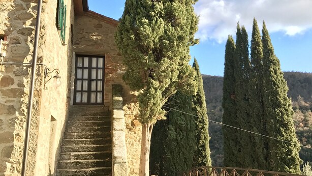 A stone building with a staircase leading to a door, surrounded by potted plants and tall trees. - Farmhouse in the hills with panoramic view and swimming pool (Ristonchia)