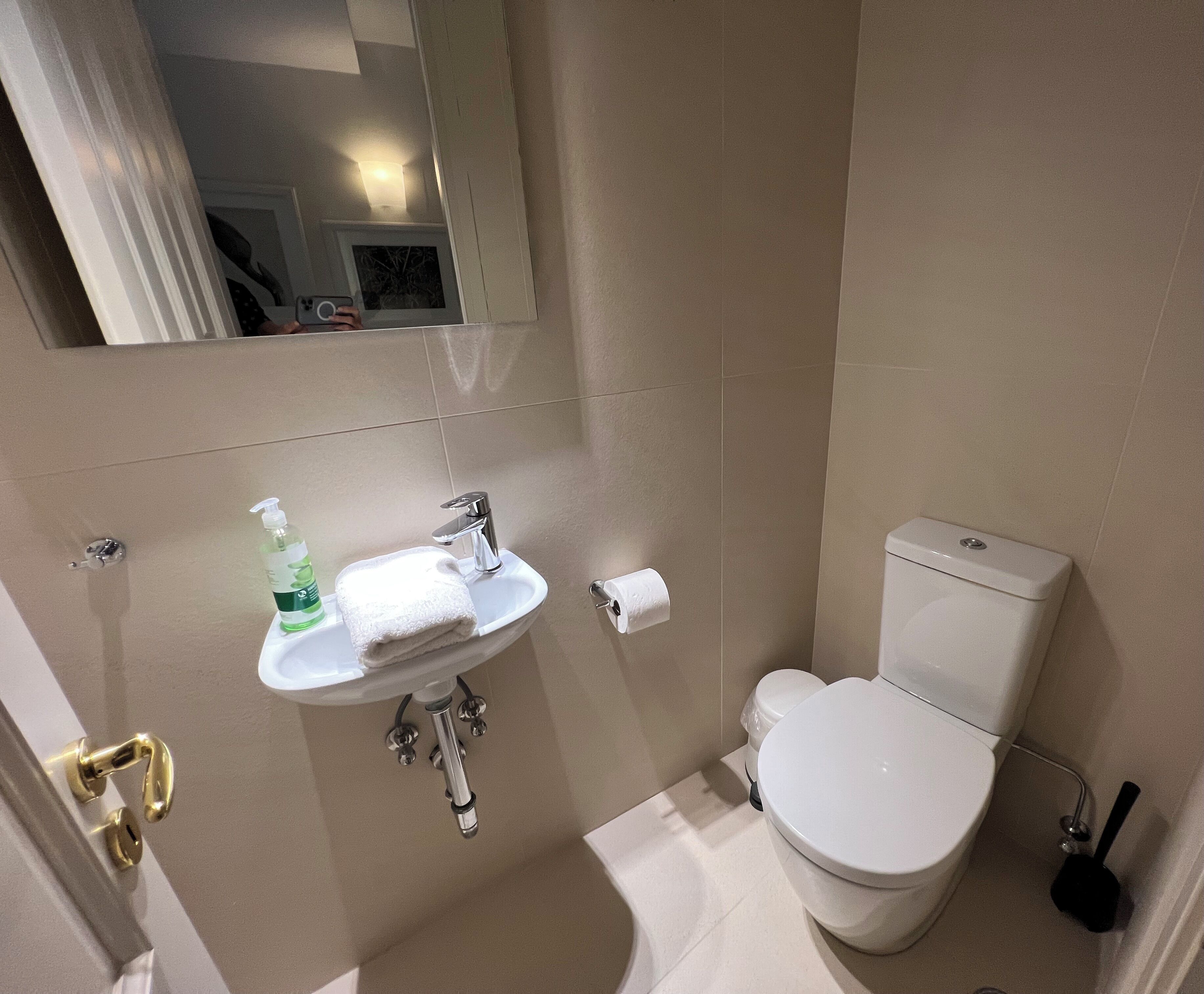 A bathroom with a white sink, a toilet, and a mirror.