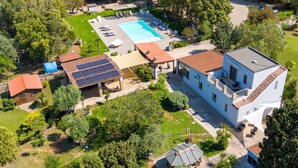 Vista aérea de una propiedad con piscina, varias zonas de estar al aire libre y un edificio grande con balcones.