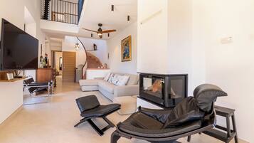 Een smart-tv, een open haard en boeken